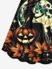 Plus Size Halloween Pumpkin Wizard Cat Maple Leaf Moon Print Cinched Dress -  