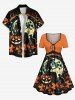 Plus Size Halloween Pumpkin Wizard Cat Maple Leaf Moon Print Cinched Dress -  