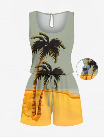 Plus Size Coconut Tree Beach Colorblock Print Cinched Hawaii Romper - GREEN - XXS