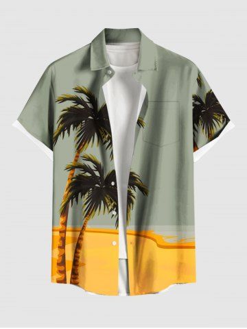 Plus Size Coconut Tree Beach Colorblock Print Buttons Pocket Hawaii Shirt For Men - GREEN - 6XL