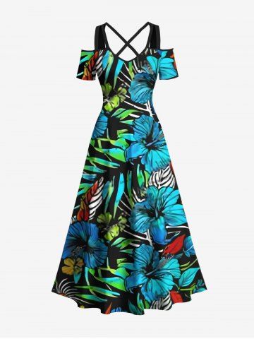Plus Size Hibiscus Flowers Tropical Leaf Print Cold Shoulder Crisscross Hawaii Maxi Dress - GREEN - XXS
