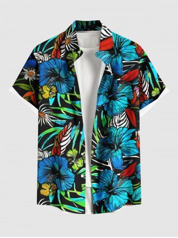 Plus Size Hibiscus Flowers Tropical Leaf Print Buttons Pocket Hawaii Shirt For Men - BLACK - L