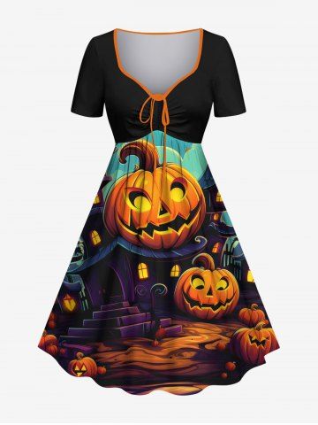 Plus Size Halloween Pumpkin Lantern Castle Print Cinched Dress - BLACK - XXS