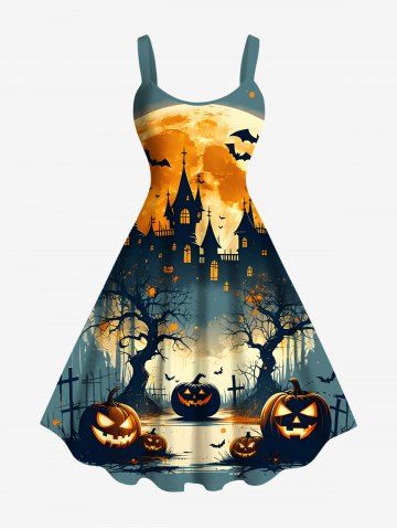 Plus Size Halloween Moon Pumpkin Bat Trees Cross Castle Print Tank Dress - GREEN - XXS