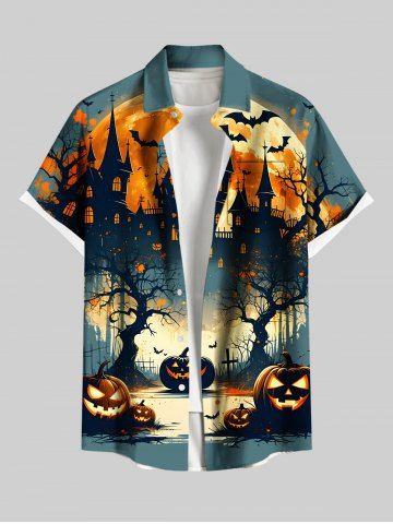 Plus Size Halloween Moon Pumpkin Bat Trees Cross Castle Print Buttons Pocket Shirt For Men - GREEN - 6XL