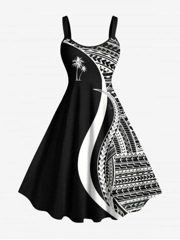 Plus Size Coconut Tree Curve Colorblock Print Hawaii Tank Dress - BLACK - XS