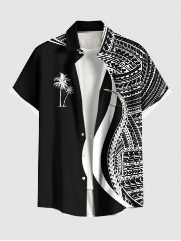Plus Size Coconut Tree Curve Colorblock Print Buttons Pocket Hawaii Shirt For Men - BLACK - L