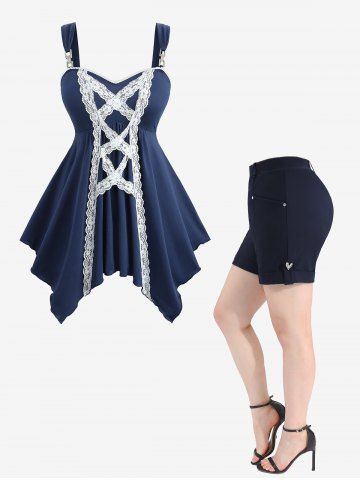 Lace-up Two Tone Handkerchief Top and Roll Tab Hem Pocket Solid Shorts Plus Size Outfit - BLUE