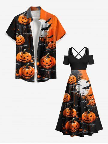 Halloween Pumpkin Bat Moon Print Plus Size Matching Outfit For Couples