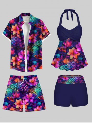 Colorful Ombre Mermaid Scale Flower Print Shirt Shorts Swimsuit Plus Size Matching Hawaii Beach Outfit For Couples - DEEP BLUE