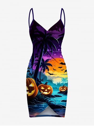 Plus Size Pumpkin Bat Coconut Tree Moon Castle Print Halloween Convertible Beach Cover Up - BLACK - 5X