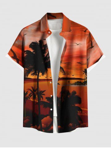 Plus Size Coconut Tree Sea Ombre Dusk Print Hawaii Button Pocket Shirt For Men - ORANGE - 3XL