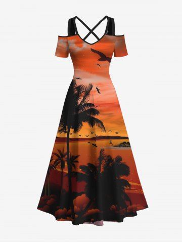 Plus Size Coconut Tree Sea Ombre Dusk Print Hawaii Cold Shoulder Crisscross A Line Maxi Dress - ORANGE - S