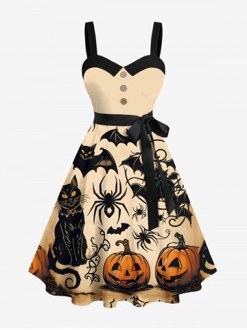 Plus Size Pumpkin Bat Spider Cat Print Halloween Button A Line Dress with Removable Belt - APRICOT - L
