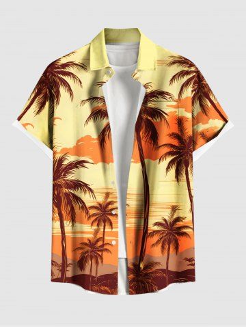 Plus Size Coconut Tree Ombre Dusk Print Hawaii Button Pocket Shirt For Men - YELLOW - 6XL