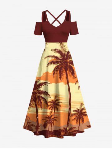 Plus Size Coconut Tree Ombre Dusk Print Hawaii Cold Shoulder Crisscross A Line Maxi Dress - YELLOW - XXS
