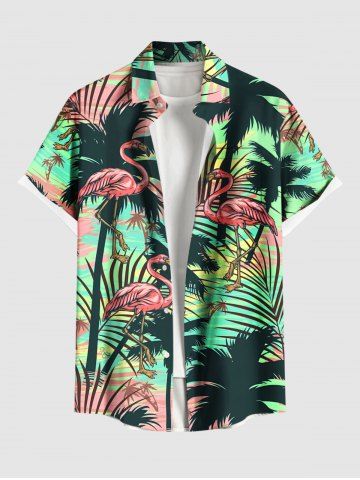 Plus Size Coconut Tree Tropical Leaf Flamingo Print Hawaii Button Pocket Shirt For Men - GREEN - 6XL