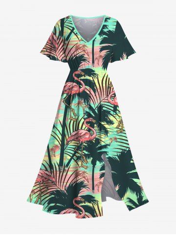 Plus Size Coconut Tree Tropical Leaf Flamingo Print Hawaii Split Pocket A Line Midi Dress - GREEN - XS