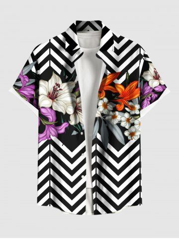 Plus Size Lily Flower Leaf Zig Zag Print Hawaii Button Pocket Shirt For Men - BLACK - S