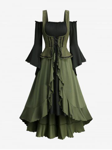 Lace-up Ruffles Ruched Lace Trim Flare Sleeves Cold Shoulder Dress - DEEP GREEN - S