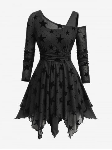Plus Size Stars Flocking Mesh Ruffles Ruched Asymmetrical Neck Long Sleeves Top - BLACK - 1X | US 14-16