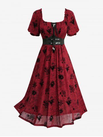 Plus Size Flowers Flocking Tie Ruched Ruffles Corset Waist Dress - DEEP RED - L | US 12