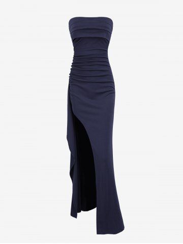 Women's Sexy Elegant Solid Color Ruched Draped Thigh High Split Strapless Maxi Tube Dress For Prom Party Gown - BLUE - L