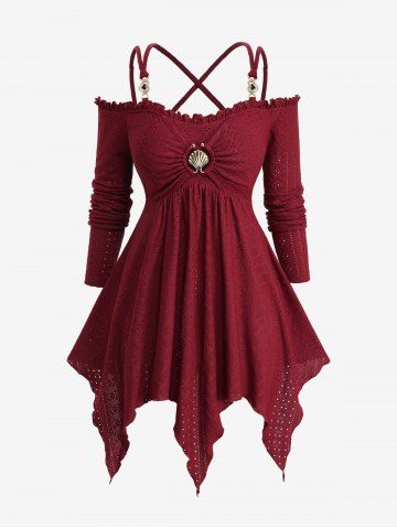Plus Size Pointelle Hollow Out Jacquard Embroidery Shell Buckle Crisscross Solid Handkerchief Long Sleeve Top - DEEP RED - 2X | US 18-20