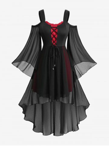 Plus Size Cold Shoulder Flare Sleeve Lace Up Chiffon Textured Two Tone High Low Asymmetric Dress - RED - 4X | US 26-28