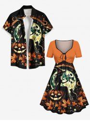Halloween Pumpkin Wizard Cat Maple Leaf Moon Print Plus Size Matching Outfit For Couples -  