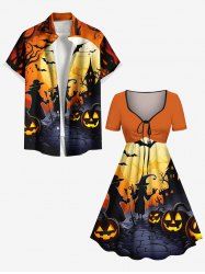 Halloween Moon Pumpkin Bat Print Plus Size Matching Outfit For Couples -  