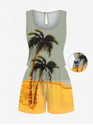 Plus Size Coconut Tree Beach Colorblock Print Cinched Hawaii Romper -  