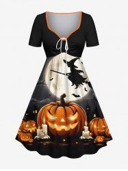 Plus Size Halloween Pumpkin Candles Moon Bat Print Cinched Dress -  