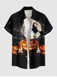 Plus Size Halloween Pumpkin Candles Moon Bat Print Buttons Pocket Shirt For Men -  