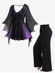 Gothic Skulls Flocking Lace Up Flare Sleeves Top and Ruffle Waist Wide Leg Pants Plus Size Outfit -  