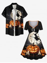 Halloween Pumpkin Candles Moon Bat Print Plus Size Matching Outfit For Couples -  