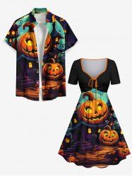 Tenue assortie grande taille pour couple, imprimé château, citrouille et lanterne - Noir 