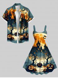 Halloween Moon Pumpkin Bat Trees Cross Castle Print Plus Size Matching Outfit For Couples -  