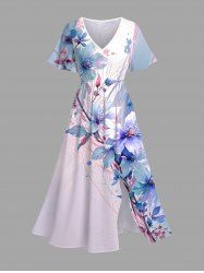 Plus Size Flowers Leaf Paint Splatter Print Split Hawaii Midi Dress -  