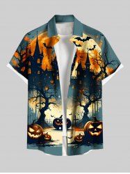 Plus Size Halloween Moon Pumpkin Bat Trees Cross Castle Print Buttons Pocket Shirt For Men -  
