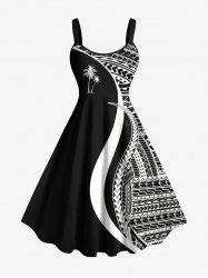 Robe débardeur hawaïenne grande taille à imprimé cocotiers et blocs de couleurs - Noir 3X
