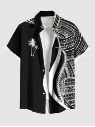 Plus Size Coconut Tree Curve Colorblock Print Buttons Pocket Hawaii Shirt For Men -  