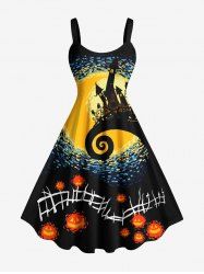 Plus Size Halloween Moon Tree Pumpkin Oil Painting Print Tank Dress -  