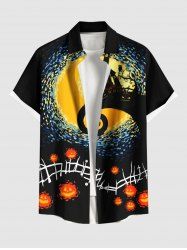 Plus Size Halloween Moon Tree Pumpkin Oil Painting Print Buttons Pocket Shirt For Men -  