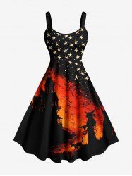 Plus Size Halloween Stars Cat Wizard Bat Print Tank Dress -  