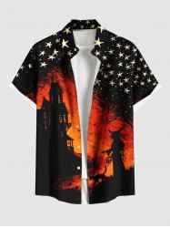 Plus Size Halloween Stars Cat Wizard Bat Print Buttons Pocket Shirt For Men -  
