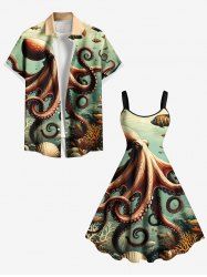 Octopus Shell Coral Fish Print Plus Size Matching Hawaii Sea Creatures Beach Outfit For Couples -  