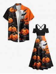 Tenue assortie grande taille pour couple, motif citrouille, chauve-souris et lune, pour Halloween - Noir 