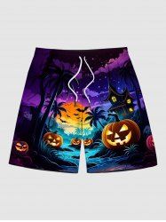 Plus Size Pumpkin Bat Coconut Tree Moon Castle Print Halloween Drawstring Pocket Beach Shorts For Men -  