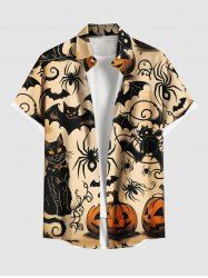 Plus Size Pumpkin Bat Spider Cat Print Halloween Button Pocket Shirt For Men -  